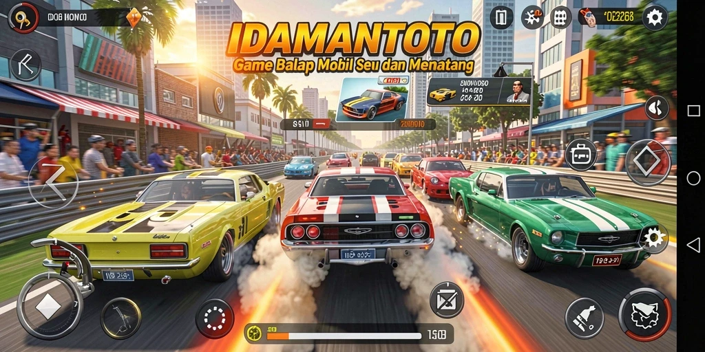Tampilan aksi balapan seru di IDAMANTOTO dengan mobil cepat.