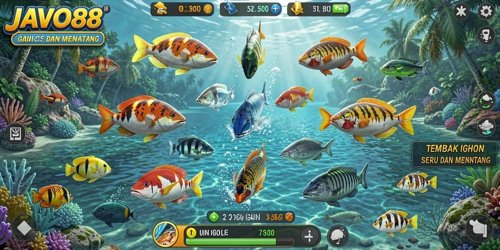 Screenshot gameplay <strong>JAVO88</strong> yang menampilkan aksi menembak ikan yang seru.