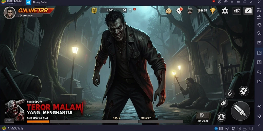 Screenshot gameplay ONLINE138 menampilkan suasana horor yang mencekam.