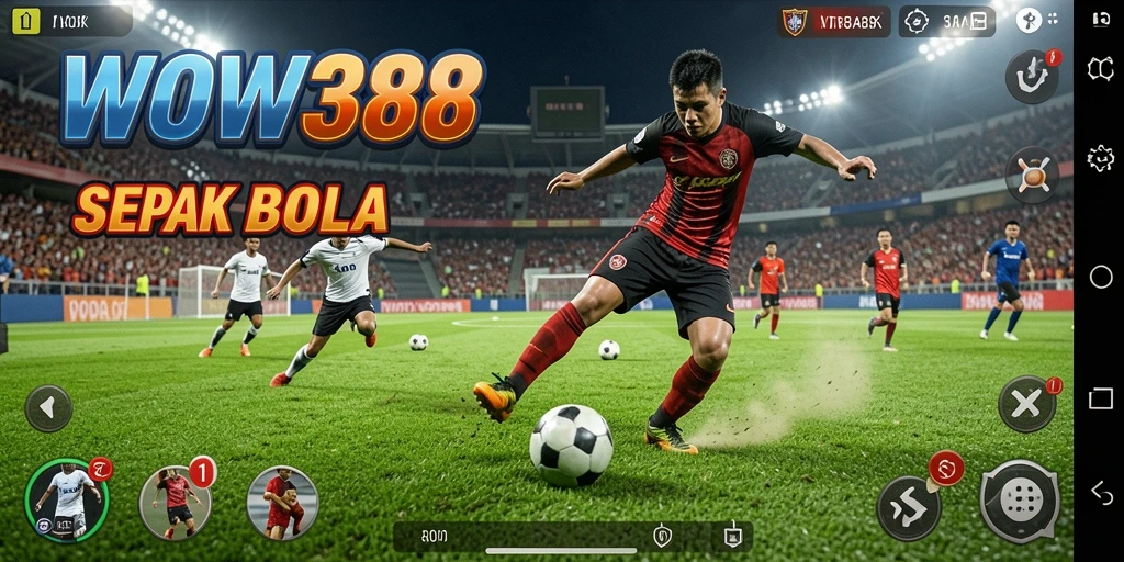 Screenshot gameplay WOW388 menampilkan aksi seru di lapangan sepak bola.